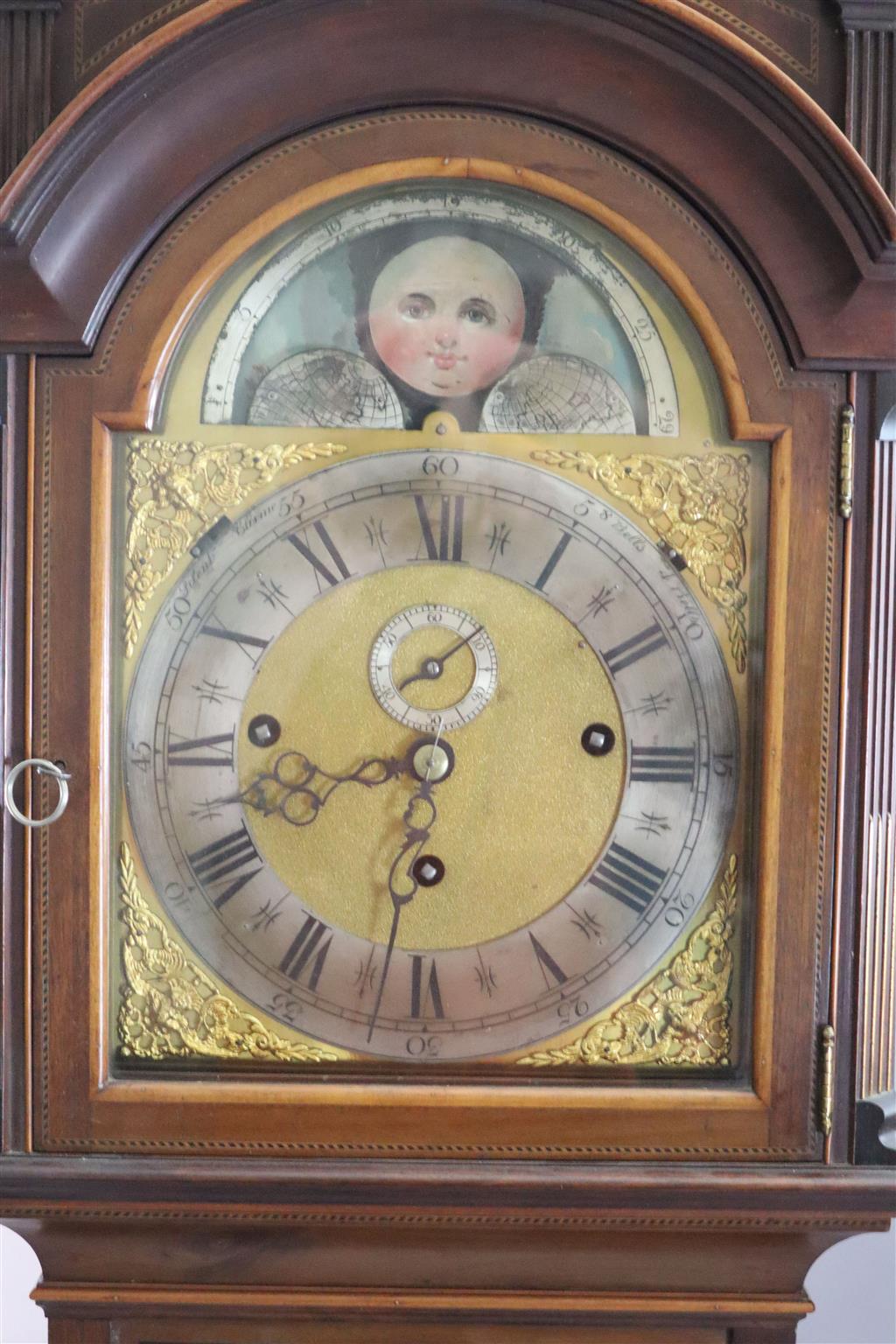 An Edwardian George III style marquetry inlaid chiming eight day longcase clock, H.7ft 2in.